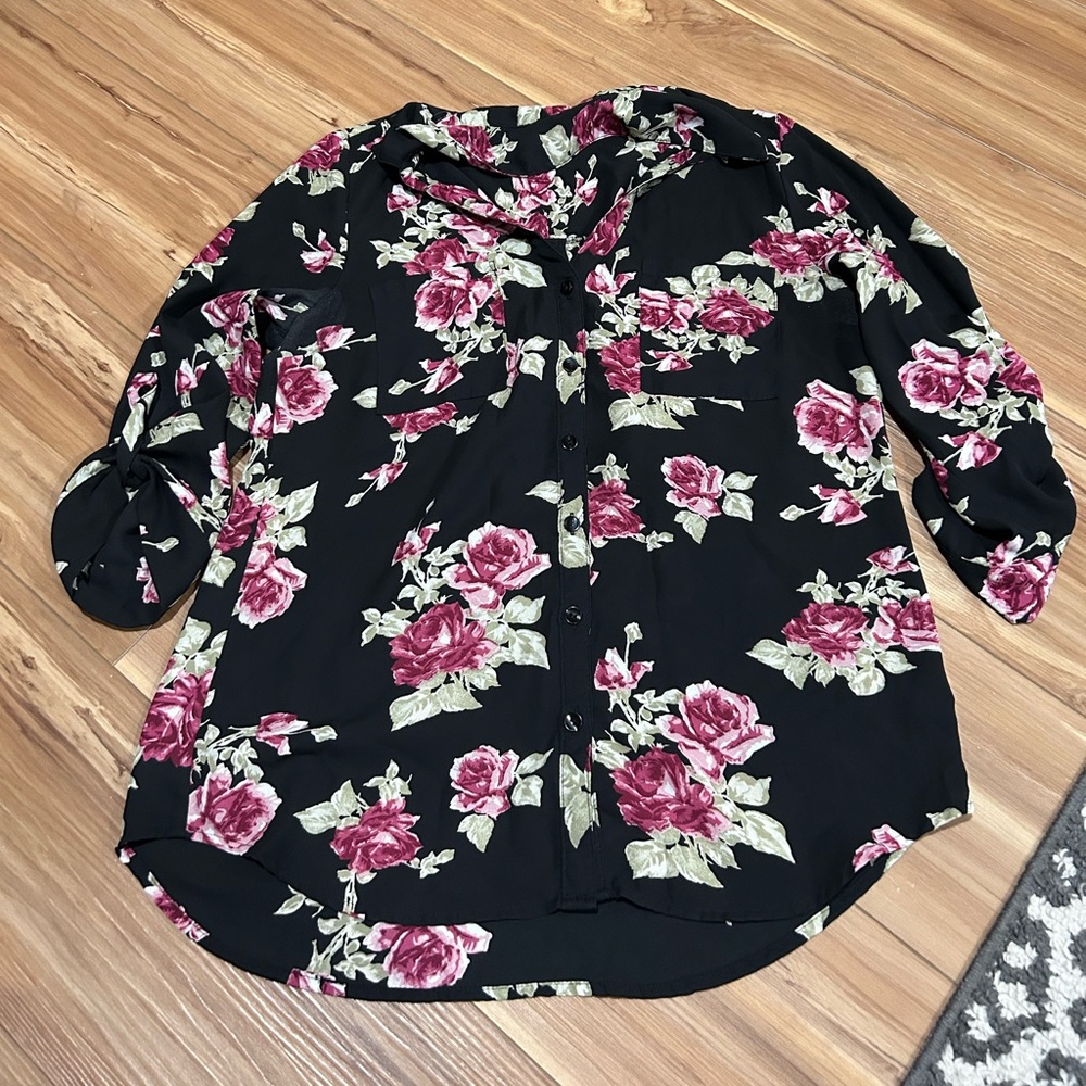 by & by Pink and Green 3/4 Sleeve Blouse with Mandarin Collar Size Small